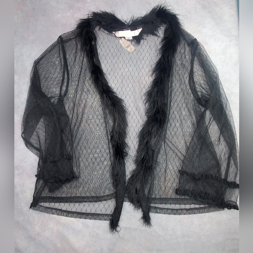 Victoria’s Secret Frilly sheer Faux Fur Black Mesh Women's robe Size M/L‎